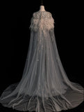 Modest A line V Neckline Silver Grey Tulle With Beaded Bodice Long Prom Dresses Night Formal Dresses HZ0311
