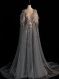 Modest A line V Neckline Silver Grey Tulle With Beaded Bodice Long Prom Dresses Night Formal Dresses HZ0311