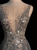 Modest A line V Neckline Silver Grey Tulle With Beaded Bodice Long Prom Dresses Night Formal Dresses HZ0311