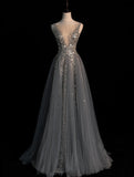 Modest A line V Neckline Silver Grey Tulle With Beaded Bodice Long Prom Dresses Night Formal Dresses HZ0311