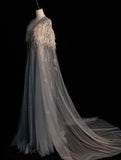 Modest A line V Neckline Silver Grey Tulle With Beaded Bodice Long Prom Dresses Night Formal Dresses HZ0311