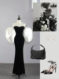 Modest Mermaid Sweetheart Black Velvet With Cape Satin Long Prom Dresses Night Formal Dresses HZ0311
