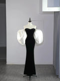 Modest Mermaid Sweetheart Black Velvet With Cape Satin Long Prom Dresses Night Formal Dresses HZ0311
