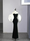 Modest Mermaid Sweetheart Black Velvet With Cape Satin Long Prom Dresses Night Formal Dresses HZ0311