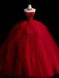 Cute Ball Gown Strapless Red Sleeveless With Applique Tulle Long Quinceanera Dresses Sweet 15 16 Birthday Outfits HZ0311