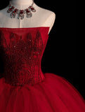 Cute Ball Gown Strapless Red Sleeveless With Applique Tulle Long Quinceanera Dresses Sweet 15 16 Birthday Outfits HZ0311