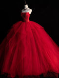 Cute Ball Gown Strapless Red Sleeveless With Applique Tulle Long Quinceanera Dresses Sweet 15 16 Birthday Outfits HZ0311