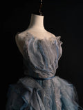 Modest A line Sweetheart Blue Grey Tulle With Ruffle Bodice Long Prom Dresses Night Formal Dresses HZ0311