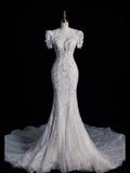 Civil Wedding Dresses Mermaid Scoop Neck White Sequin With Beaded Bodice Short Sleeves Brides Dress Fitted Bridal Gowns HZ0311