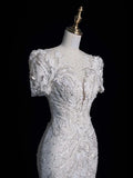 Civil Wedding Dresses Mermaid Scoop Neck White Sequin With Beaded Bodice Short Sleeves Brides Dress Fitted Bridal Gowns HZ0311
