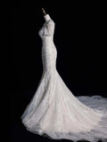Civil Wedding Dresses Mermaid Scoop Neck White Sequin With Beaded Bodice Short Sleeves Brides Dress Fitted Bridal Gowns HZ0311