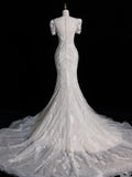 Civil Wedding Dresses Mermaid Scoop Neck White Sequin With Beaded Bodice Short Sleeves Brides Dress Fitted Bridal Gowns HZ0311