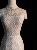 Civil Wedding Dresses Mermaid High Neck White Sequin With Beaded Bodice Sleeves Brides Dress Fitted Bridal Gowns HZ0311