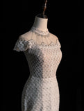 Civil Wedding Dresses Mermaid High Neck White Sequin With Beaded Bodice Sleeves Brides Dress Fitted Bridal Gowns HZ0311