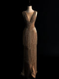 Modest Mermaid V Neckline Sequined Tassels Long Prom Dresses Night Formal Dress HZ0311