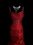 Retro Classy Mermaid Sweetheart With Straps 1950s Burgundy Satin Pleated Long Prom Dresses Formal Gowns HZ0311