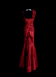 Retro Classy Mermaid V Neck 1950s Burgundy Satin Pleated Long Prom Dresses Formal Gowns HZ0311