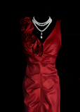 Retro Classy Mermaid V Neck 1950s Burgundy Satin Pleated Long Prom Dresses Formal Gowns HZ0311