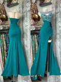 Retro Classy Mermaid Jewel Slit Blue Satin With Silver Beaded Crystals 1950s Prom Dresses Formal Gowns HZ0311