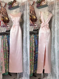 Modest Sheath Scoop Neck Pink Satin Long Prom Dresses Party Dress 21st Birthday Outfits Graduation Dress HZ0311