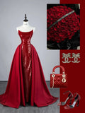 Sparkly Mermaid Strapless Burgundy Sequin Pleated With Train Satin Long Prom Dresses Formal Gowns HZ0311