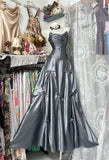 Modest Ball Gown Strapless Silver Gray Satin Long Prom Dresses Party Dress 21st Birthday Outfits Graduation Dress HZ0311