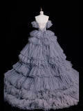 Modest Ball Gown Off The Shoulder Grey Tulle Long Prom Dresses Party Dress 21st Birthday Outfits Graduation Gown HZ0311
