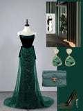Glitter Mermaid Strapless Dark Green Sequin Pleated Long Prom Dresses Formal Gowns HZ0311