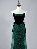 Glitter Mermaid Strapless Dark Green Sequin Pleated Long Prom Dresses Formal Gowns HZ0311