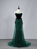 Glitter Mermaid Strapless Dark Green Sequin Pleated Long Prom Dresses Formal Gowns HZ0311