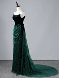 Glitter Mermaid Strapless Dark Green Sequin Pleated Long Prom Dresses Formal Gowns HZ0311