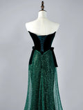 Glitter Mermaid Strapless Dark Green Sequin Pleated Long Prom Dresses Formal Gowns HZ0311