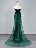 Glitter Mermaid Strapless Dark Green Sequin Pleated Long Prom Dresses Formal Gowns HZ0311