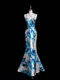 Retro Classy Mermaid Spaghetti Strap Floral Blue Satin 1950s Prom Dresses Formal Gowns HZ0311