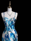 Retro Classy Mermaid Spaghetti Strap Floral Blue Satin 1950s Prom Dresses Formal Gowns HZ0311