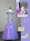 Modest Mermaid Off The Shoulder Lilac Tulle Long Prom Dresses Party Dress 21st Birthday Outfits Graduation Gown HZ0311