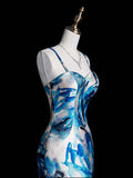 Retro Classy Mermaid Spaghetti Strap Floral Blue Satin 1950s Prom Dresses Formal Gowns HZ0311