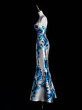 Retro Classy Mermaid Spaghetti Strap Floral Blue Satin 1950s Prom Dresses Formal Gowns HZ0311