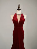 Simple Mermaid Jewel Burgundy Velvet With Beadings Long Prom Dresses Formal Gowns HZ0311
