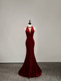 Simple Mermaid Jewel Burgundy Velvet With Beadings Long Prom Dresses Formal Gowns HZ0311