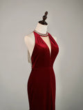 Simple Mermaid Jewel Burgundy Velvet With Beadings Long Prom Dresses Formal Gowns HZ0311