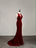 Simple Mermaid Jewel Burgundy Velvet With Beadings Long Prom Dresses Formal Gowns HZ0311