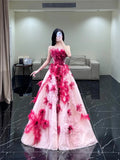 Modest Ball Gown Strapless Pink Flowers Tulle Long Prom Dresses Party Dress 21st Birthday Outfits Graduation Gown HZ0311