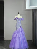 Modest Mermaid Off The Shoulder Lilac Tulle Long Prom Dresses Party Dress 21st Birthday Outfits Graduation Gown HZ0311