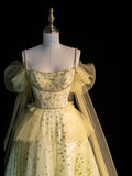 Princess Ball Gown Spaghetti Strap Yellow Tulle Long Prom Dresses Party Dress 21st Birthday Outfits Graduation Gown HZ0311