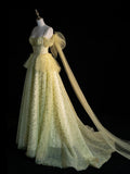 Princess Ball Gown Spaghetti Strap Yellow Tulle Long Prom Dresses Party Dress 21st Birthday Outfits Graduation Gown HZ0311