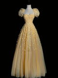 Princess Ball Gown Sweetheart Yellow Tulle Long Prom Dresses Party Dress 18th Birthday Outfits Graduation Gown HZ0311