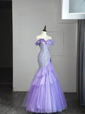 Modest Mermaid Off The Shoulder Lilac Tulle Long Prom Dresses Party Dress 21st Birthday Outfits Graduation Gown HZ0311
