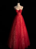 Princess Ball Gown Spaghetti Strap Sequin Red Tulle Long Prom Dresses Party Dress 18th Birthday Outfits Graduation Gown HZ0311