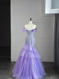 Modest Mermaid Off The Shoulder Lilac Tulle Long Prom Dresses Party Dress 21st Birthday Outfits Graduation Gown HZ0311